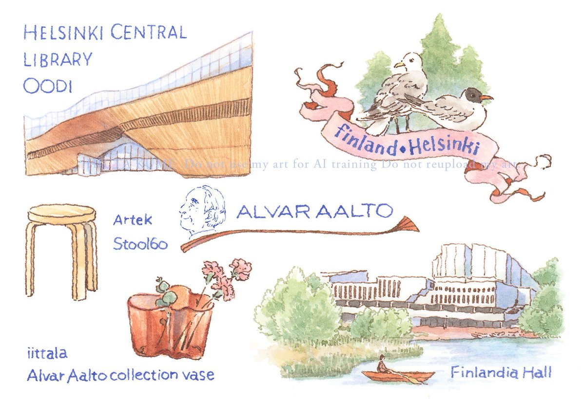 hiuta_illust's tweet photo. アアルトの建築群が世界遺産に登録されたそうですね。建築知識7月号の「北欧の街並みと暮らし」で描かせていただいたフィンランディアホールも入っているそうです。　余談ですが、ユリカモメの夏羽って頭が黒くてアデリーペンギンみたいで大変かわいい。夏のフィンランド、行ってみたいです。 https://t.co/ctNnJjn5NL