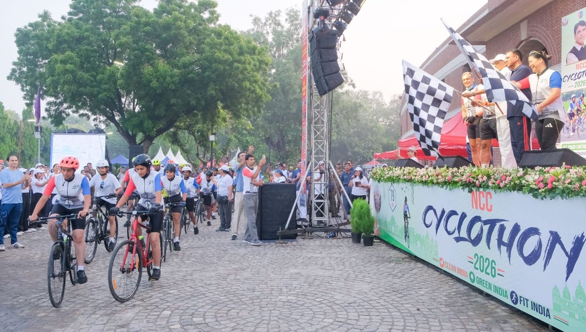 prodefencejammu's tweet photo. Union Minister Shri @mansukhmandviya flagged off #NCCCyclothon2026 in New Delhi, in the presence of Raksha Rajya Mantri Shri @SethSanjayMP, and renowned sportspersons @MangteC & @Leander. Led by DG NCC Lt Gen Virendra Vats, 79 NCC cadets completed a symbolic 79-km ride celebrating 79 years of India’s Independence.

Under the theme ‘Clean India, Green India, Fit India’, the initiative promoted fitness, environmental conservation, road safety, sustainable living and responsible citizenship while reinforcing the values of patriotism, discipline, unity and national service.

Read here: https://t.co/aTZ8GI50qN…

@DefenceMinIndia
@SpokespersonMoD 
@HQ_DG_NCC 
@adgpi 
@ANI