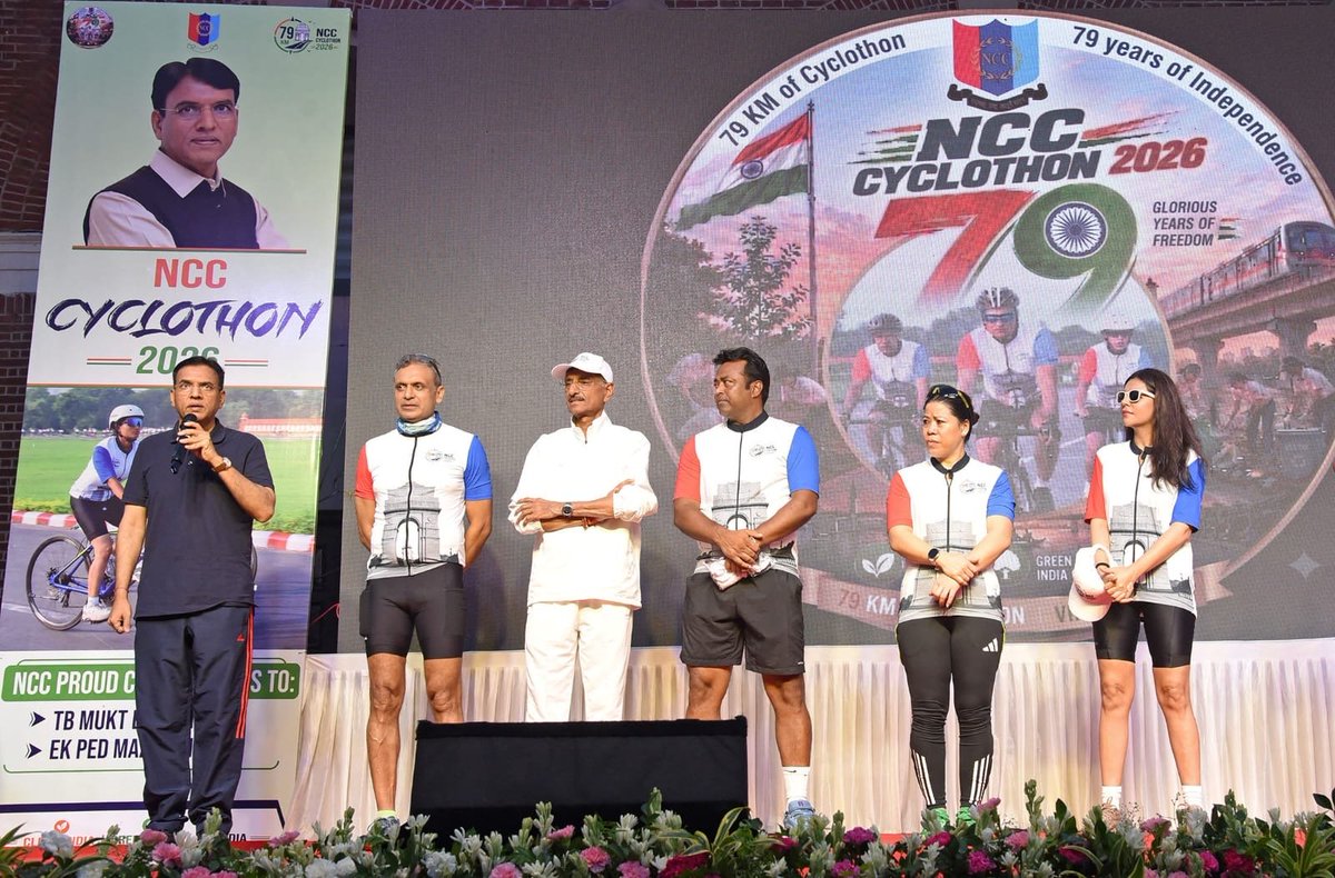 prodefencejammu's tweet photo. Union Minister Shri @mansukhmandviya flagged off #NCCCyclothon2026 in New Delhi, in the presence of Raksha Rajya Mantri Shri @SethSanjayMP, and renowned sportspersons @MangteC & @Leander. Led by DG NCC Lt Gen Virendra Vats, 79 NCC cadets completed a symbolic 79-km ride celebrating 79 years of India’s Independence.

Under the theme ‘Clean India, Green India, Fit India’, the initiative promoted fitness, environmental conservation, road safety, sustainable living and responsible citizenship while reinforcing the values of patriotism, discipline, unity and national service.

Read here: https://t.co/aTZ8GI50qN…

@DefenceMinIndia
@SpokespersonMoD 
@HQ_DG_NCC 
@adgpi 
@ANI