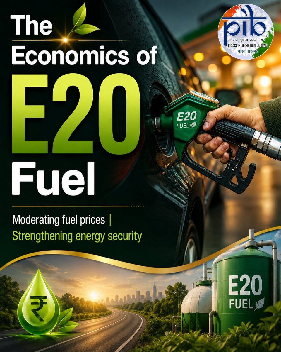 PIB_India's tweet photo. E20 is not just about fuel blending; it is about building a self-reliant and secure energy ecosystem.

Know the economics of E20 fuel:  

@PetroleumMin #FuelTheFacts #EthanolBlendingProgramme #EthanolBlending 

(1/3) https://t.co/8Oe4f7Lq6h