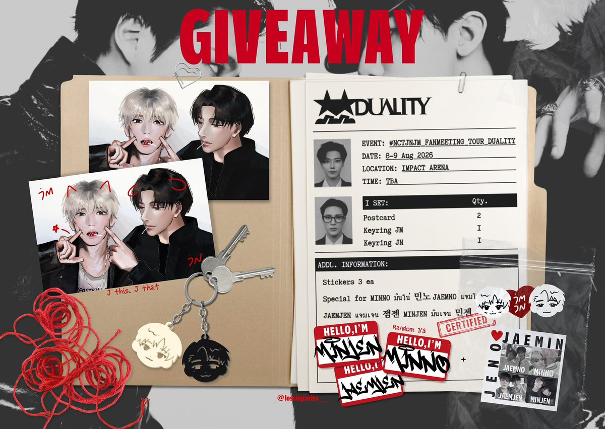 lostinpariss__'s tweet photo. pls kindly retweet
giveaway for jnjm fanmeeting in bkk

♥️🖤
20 sets/day
1 set:
- 2 postcards
- 1 keyring (jn)
- 1 keyring (jm)

 special for minno shippers
- stickers 3 ea

rules: rt &amp; show this tweet

#NCTJNJM_FANMEETING_TOUR
#NCTJNJM_FANMEETING_TOUR_DUALITY https://t.co/C6OlKzlkgG