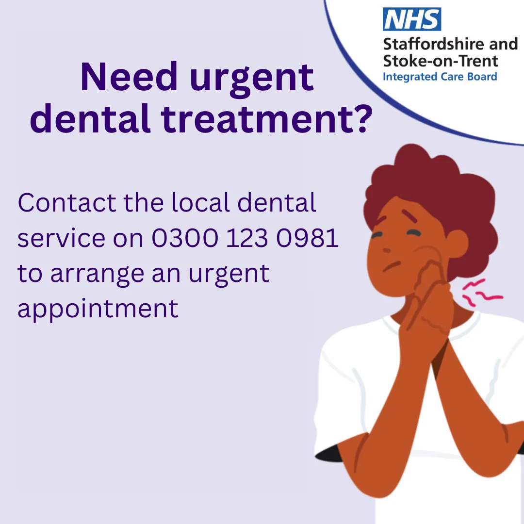 An illustration of a person holding their jaw in pain. Text reads 'Need urgent dental treatment? Contact the local dental service on 0300 123 0981 to arrange an urgent appointment.'
