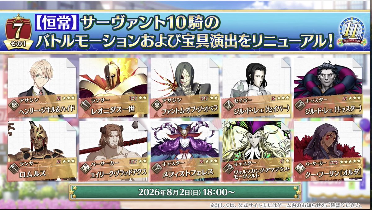 FateGrandOrder's tweet photo. サーヴァント10騎のモーション改修！！！！！！

ジキル＆ハイド
レオニダス一世
ファントム・ジ・オペラ
ジル・ド・レェ(セイバー)
ジル・ド・レェ(キャスター)
ロムルス 
エイリーク・ブラッドアクス 
メフィストフェレス 
アマデウス
クー・フーリン(オルタ)

https://t.co/reaTK0SH25

#FGO #FGO11周年