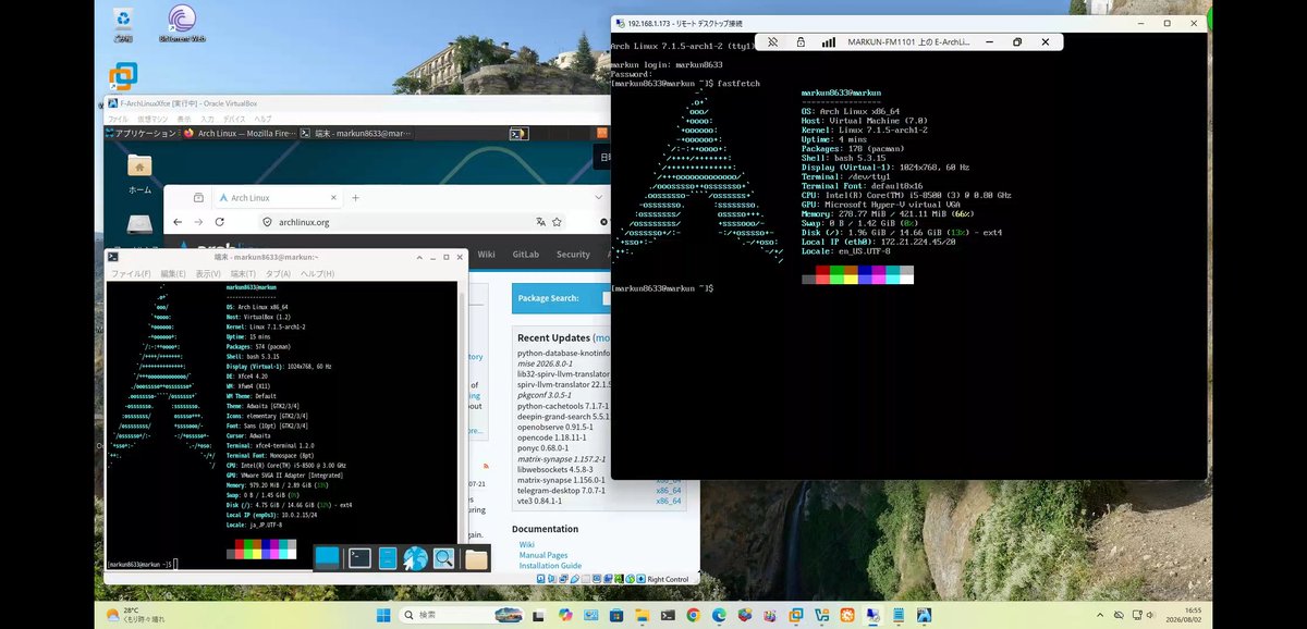 markun8633's tweet photo. 歩き暑いけど、今日風があった⋯🫠

ArchLinux 2026.08.01
 Xfce、Firefox選択
 VMwareWorkstation*1、Proxmox*2、
 Virtualbox ⭕️、Hyper-V ○CliはOK
 InstallでUpdate、日本語表示、
 ブラウザ、レスOK
 *1 3D OffだとNetworkNG
 *2 --skip-version-check指定
 7.1.5-arch1-2 
 概ねいつも通り⋯😋 https://t.co/MlmsE38lRY