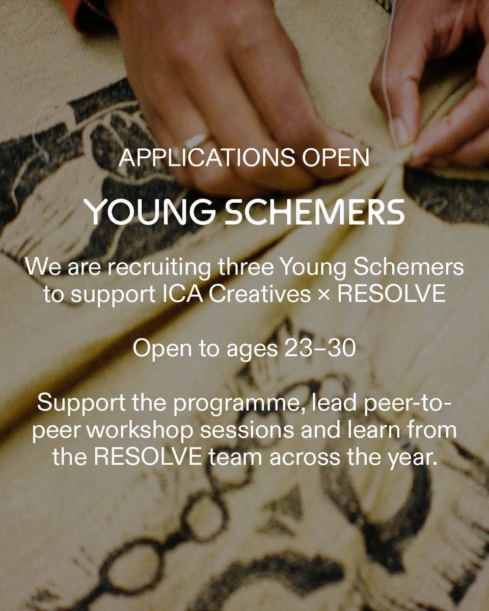 ICALondon's tweet photo. Are you an emerging producer, artist or cultural organiser? ✨

We're looking for 3 Young Schemers to join ICA Creatives × RESOLVE and gain hands-on experience in producing, facilitation and artist development.

🗓️ Apply by 31 Aug
📍 Ages 21–30
🔗 https://t.co/fq9LNk7ax6 https://t.co/wnLnvlkxnn