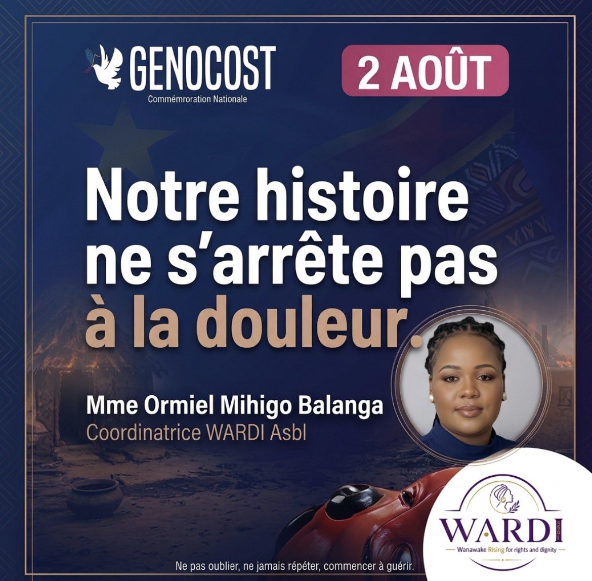 WARDIasbl's tweet photo. 🕊️🇨🇩
Nous portons nos cicatrices, mais nous portons aussi l’espoir. Nous voulons un Congo où aucune femme ne sera utilisée comme arme de guerre, où nos filles grandiront sans peur, et où la mémoire de nos victimes nous donnera la force de construire.

#GENOCOST #WARDI #Dignité https://t.co/QeeaS49MWo