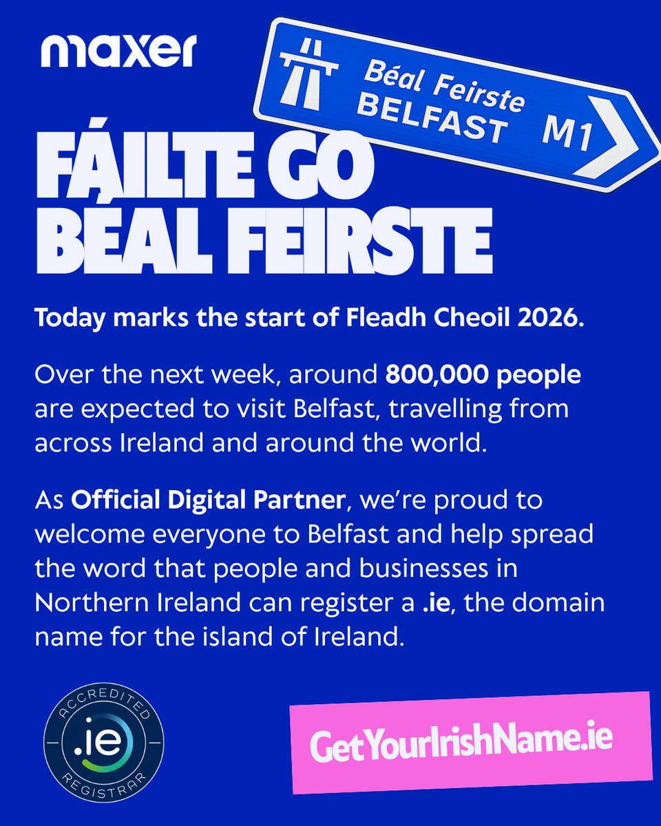 maxerhost's tweet photo. Fleadh Cheoil 2026 starts today ☘️
As Official Digital Partner, we’re proud to help spread the word that people and businesses in NI can register a .ie domain.
Maxer is an accredited .ie registrar, the web address for the island of Ireland.
👉 https://t.co/NDjWQJmA5X

#Fleadh2026 https://t.co/npXgvODBdT