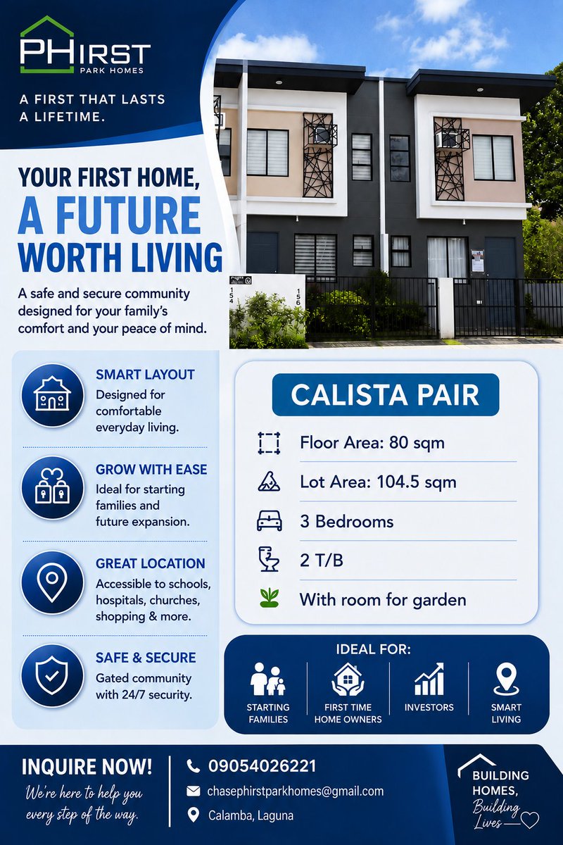 unknownonymouz's tweet photo. ✨ Every family deserves a place to call home.
Your perfect first home awaits at PHIRST Park Homes – Calista Pair in Calamba, Laguna. Enjoy quality living, complete amenities, and a safe community built for your growing family. https://t.co/wpNigteKvz