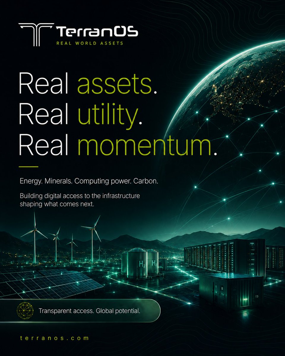 XTerranOS's tweet photo. Real momentum starts with real foundations.
The next wave of value won’t be built on abstraction alone. It will be built on infrastructure that powers the world forward: energy, minerals, computing power and carbon.
At TerranOS, we’re building digital access to real-world assets with real utility — designed for a future that demands more transparency, more connectivity and more trust.
Because when access becomes smarter, opportunity becomes broader.
Real assets. Real utility. Real momentum. 🌍
#TerranOS #RealWorldAssets #RWA #EnergyInfrastructure #DigitalAssets #Tokenization #FutureOfInfrastructure