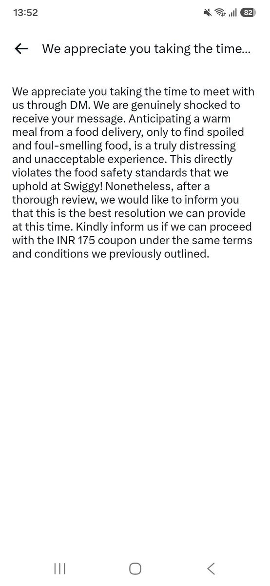 Shanaya652's tweet photo. @SwiggyCares U guys habe any sense of talking? Coupon was assured but I asked for refund they r texting this ? Misbehaving attitude https://t.co/JzfP0A6liQ