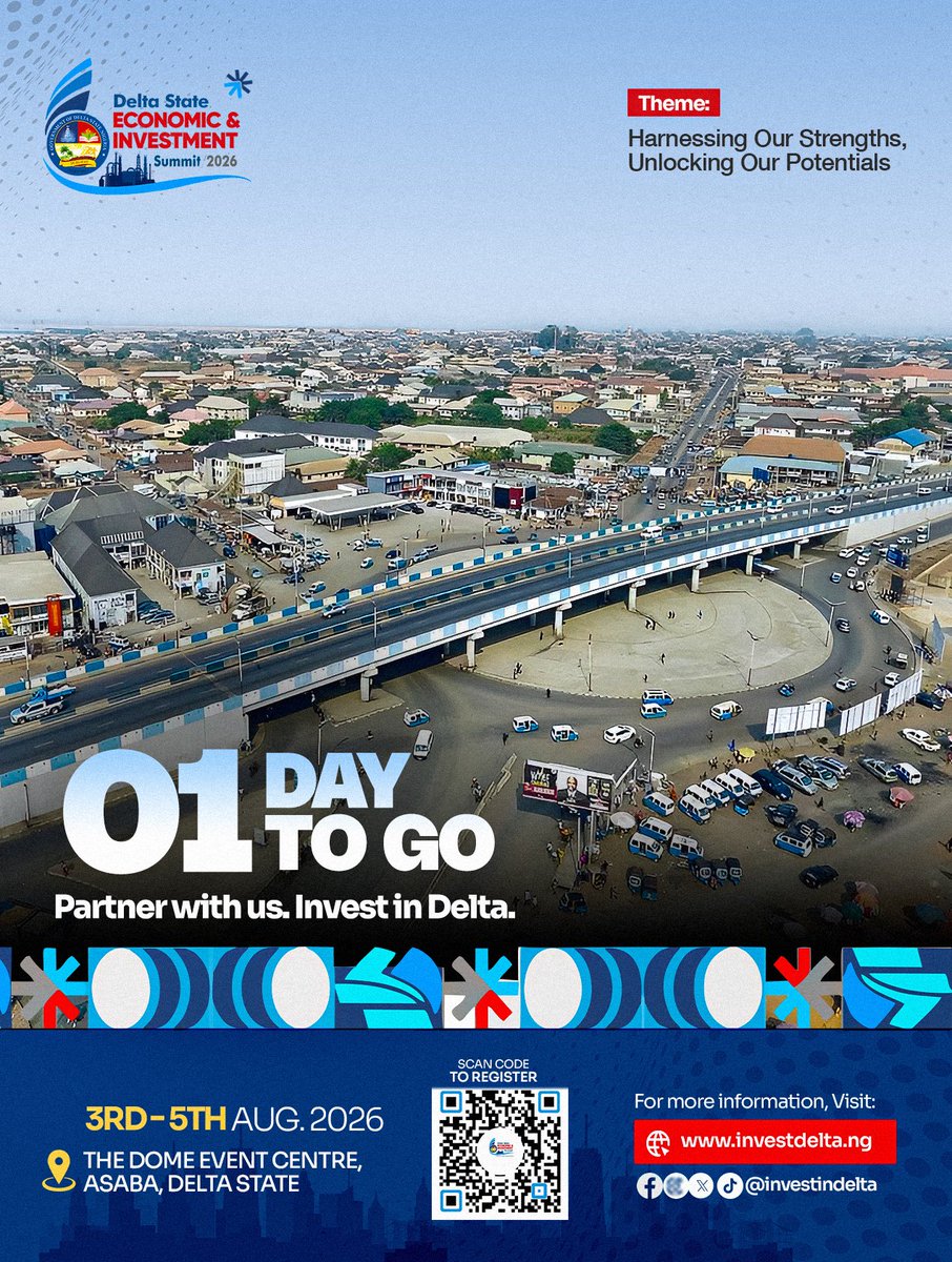 DSGovernment's tweet photo. Tomorrow, the spotlight turns to Delta State. From strategic reforms and enabling infrastructure to a youthful workforce and abundant natural resources, the Delta State Economic and Investment Summit 2026 will showcase why Delta remains one of Nigeria’s most compelling investment destinations.