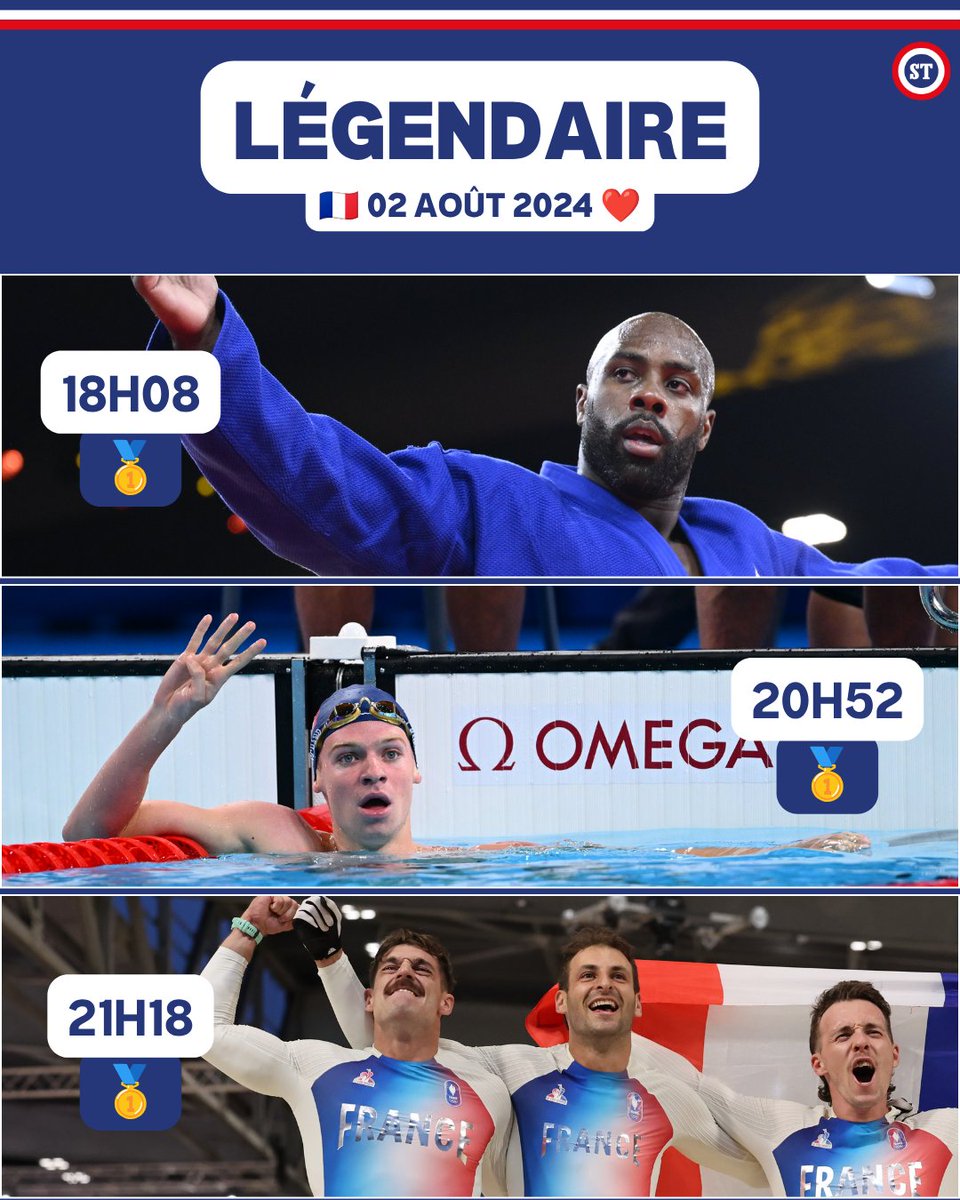 sportricolore's tweet photo. 🇫🇷 02 août 2024 ❤️  

🥇 4e sacre olympique pour Teddy Riner
🥇 4e sacre olympique pour Léon Marchand 
🥇🥈🥉 Triplé légendaire en BMX  

Légendaire.

📸 CNOSF/KMSP https://t.co/yvrc0MR7Jl
