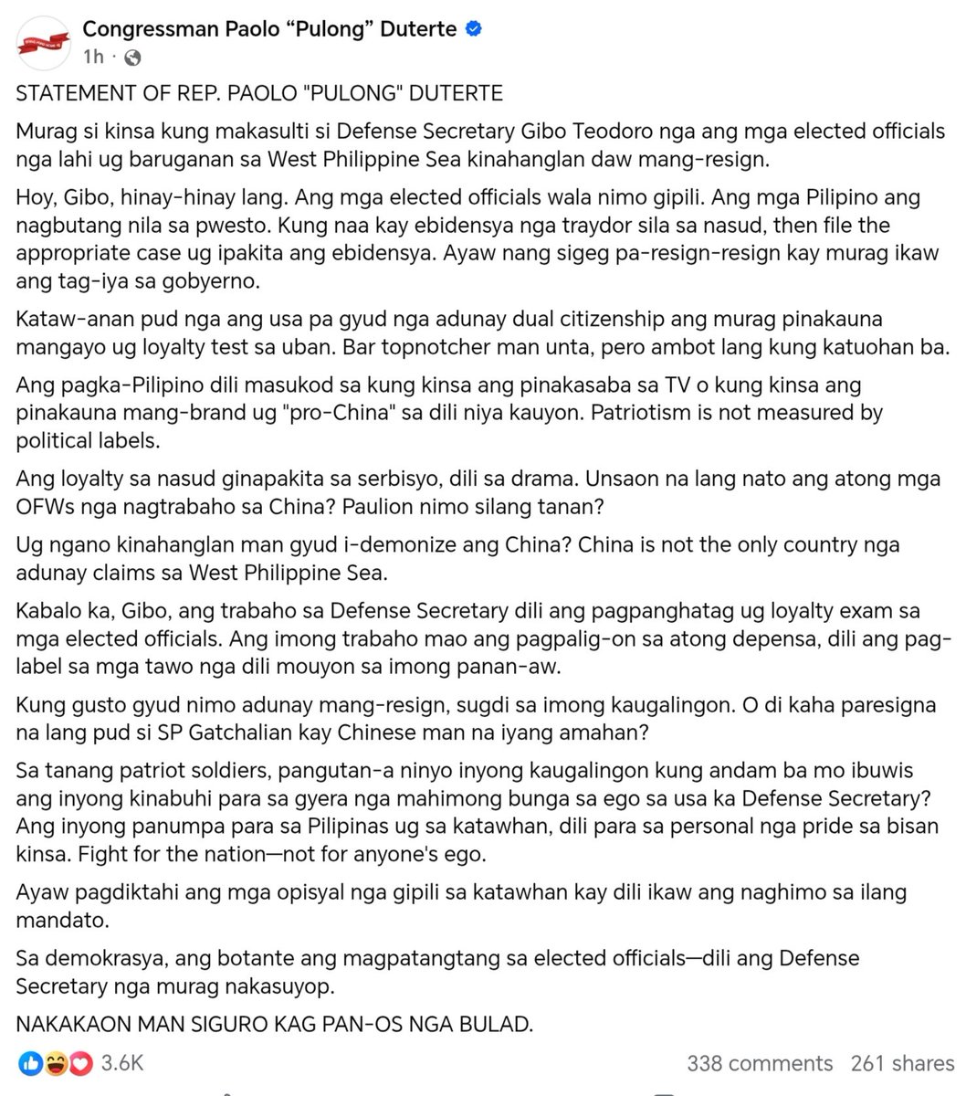 22three7eleven's tweet photo. Davao City 1D Cong. Pulong Duterte fires back at Defense Sec. Teodoro over his recent call to Pro-China gov't officials to resign from office.

📸 Facebook / Congressman Paolo "Pulong" Duterte https://t.co/ur7bOd82G3