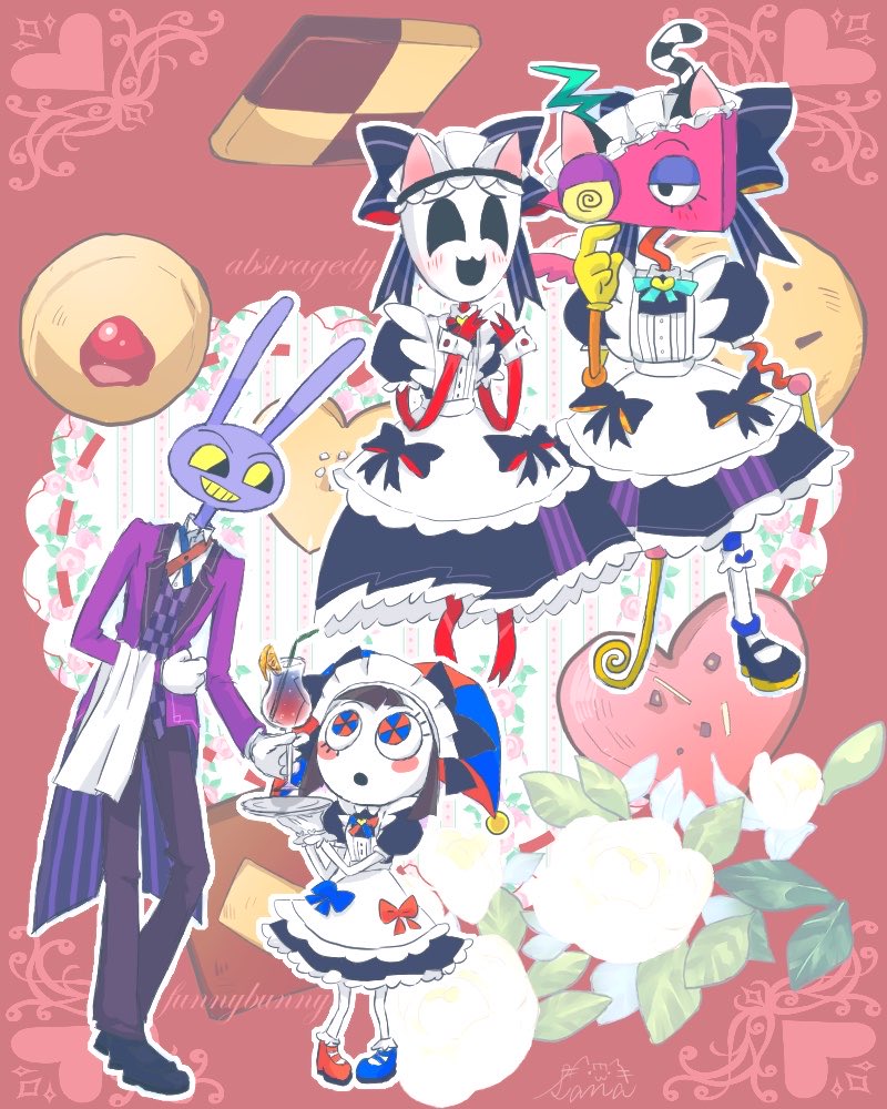 SN_jp57's tweet photo. 死因:小悪魔2人組 🐰🎪+🔺🎭

みんなが🐰🎪にハートポーズさせてるから私は他の子とやってもらうね！

カラー絵の背景は当然の事ながら素材です。 https://t.co/rnrDwEhzVu