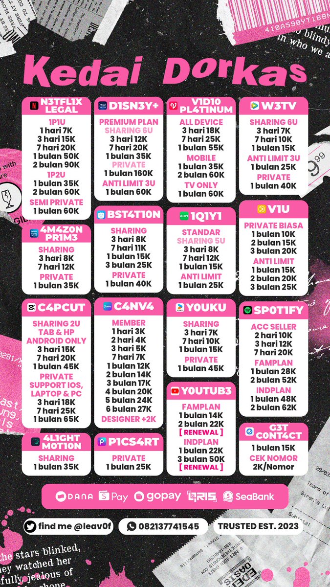 prezble's tweet photo. pagi siang sore malam wts wtb apk přèm murah trusted - full garansi, admin baik &amp;&amp; fast respon

order  :  https://t.co/Wdju8muf3j

prime vidio netflix bstation viu iqiyi youtube wetv canva alightmotion youku getcontact capcut spotify disney

#zonauang https://t.co/445WrCRyFg