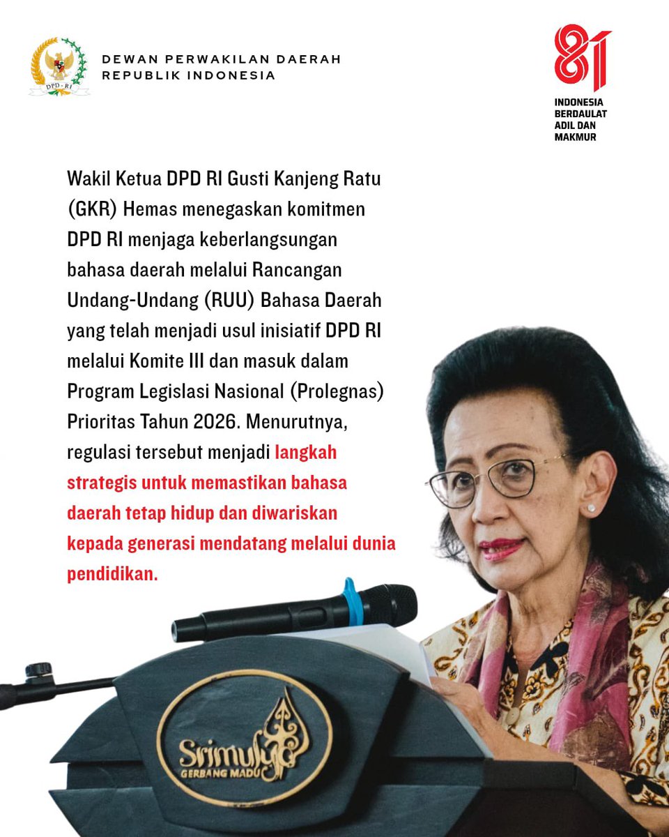 DPDRI's tweet photo. Wakil Ketua DPD RI asal DIY GKR. Hemas dalam reses dukung RUU Bahasa Daerah menjadi langkah strategis agar bahasa Nusantara tetap hidup melalui pendidikan. 
 
#dpdri #daridaerahuntukindonesia https://t.co/WRrtGynQda