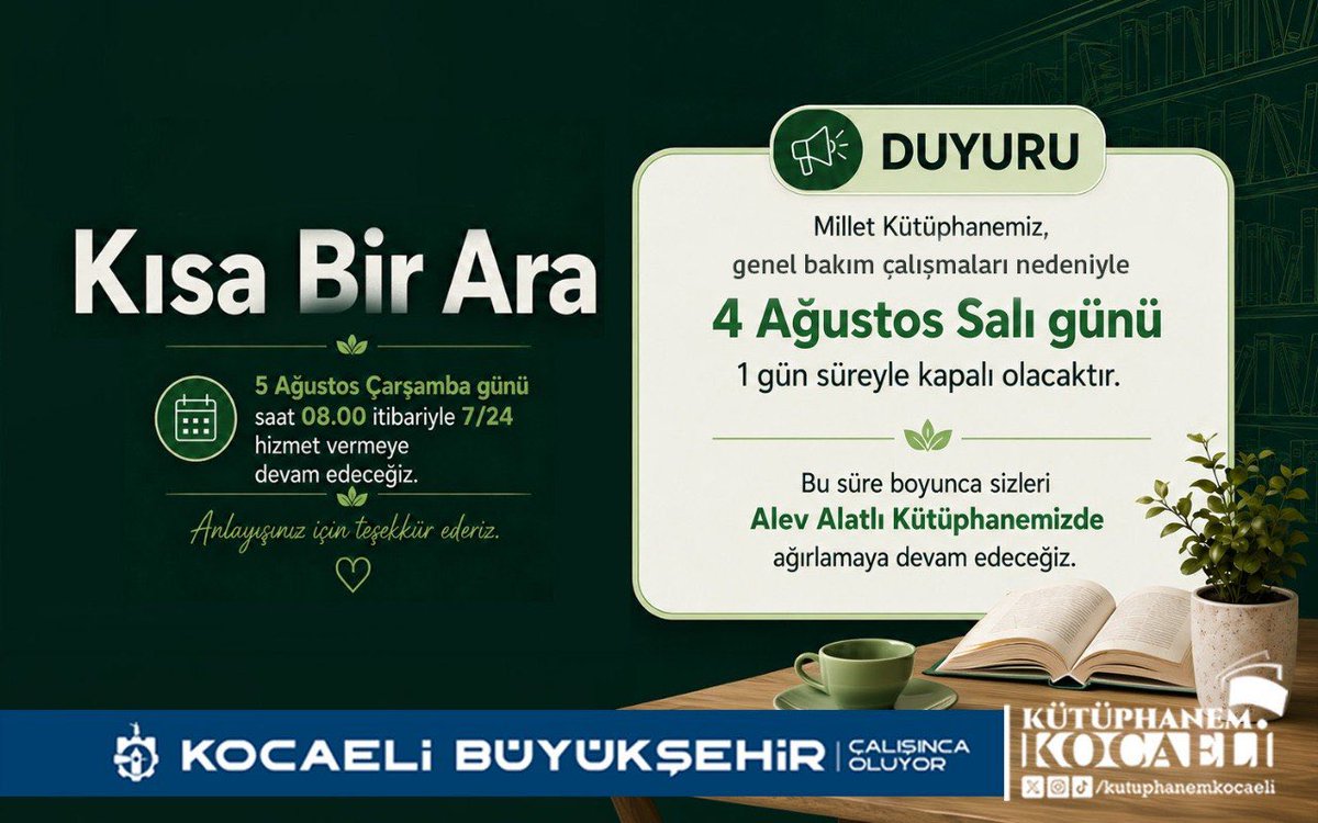 kutuphanemk's tweet photo. Millet Kütüphanemiz, genel bakım çalışmaları nedeniyle 4 Ağustos Salı günü bir gün süreyle kapalı olacaktır.

Bu süre boyunca sizleri Alev Alatlı Kütüphanemizde ağırlamaya devam edeceğiz. https://t.co/usnZsx1UZB