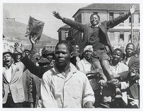 HistorySAZAR's tweet photo. Philip Kgosana, is lifted up at a march of 30,000 people in protest against the pass laws, 30 March 1960. Source: Wikicommons https://t.co/GiTURANM9N