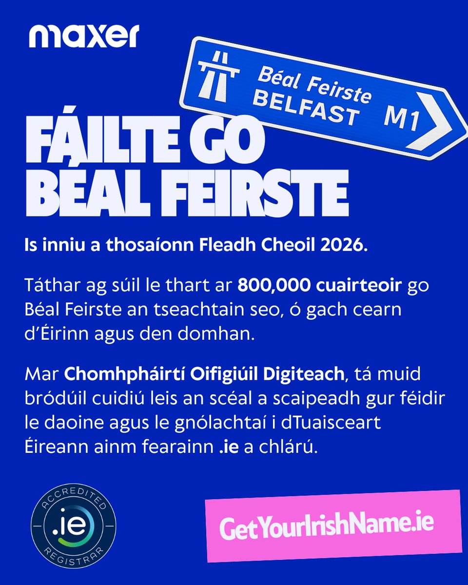 maxerhost's tweet photo. Fleadh Cheoil 2026 starts today ☘️
As Official Digital Partner, we’re proud to help spread the word that people and businesses in NI can register a .ie domain.
Maxer is an accredited .ie registrar, the web address for the island of Ireland.
👉 https://t.co/NDjWQJmA5X

#Fleadh2026 https://t.co/npXgvODBdT