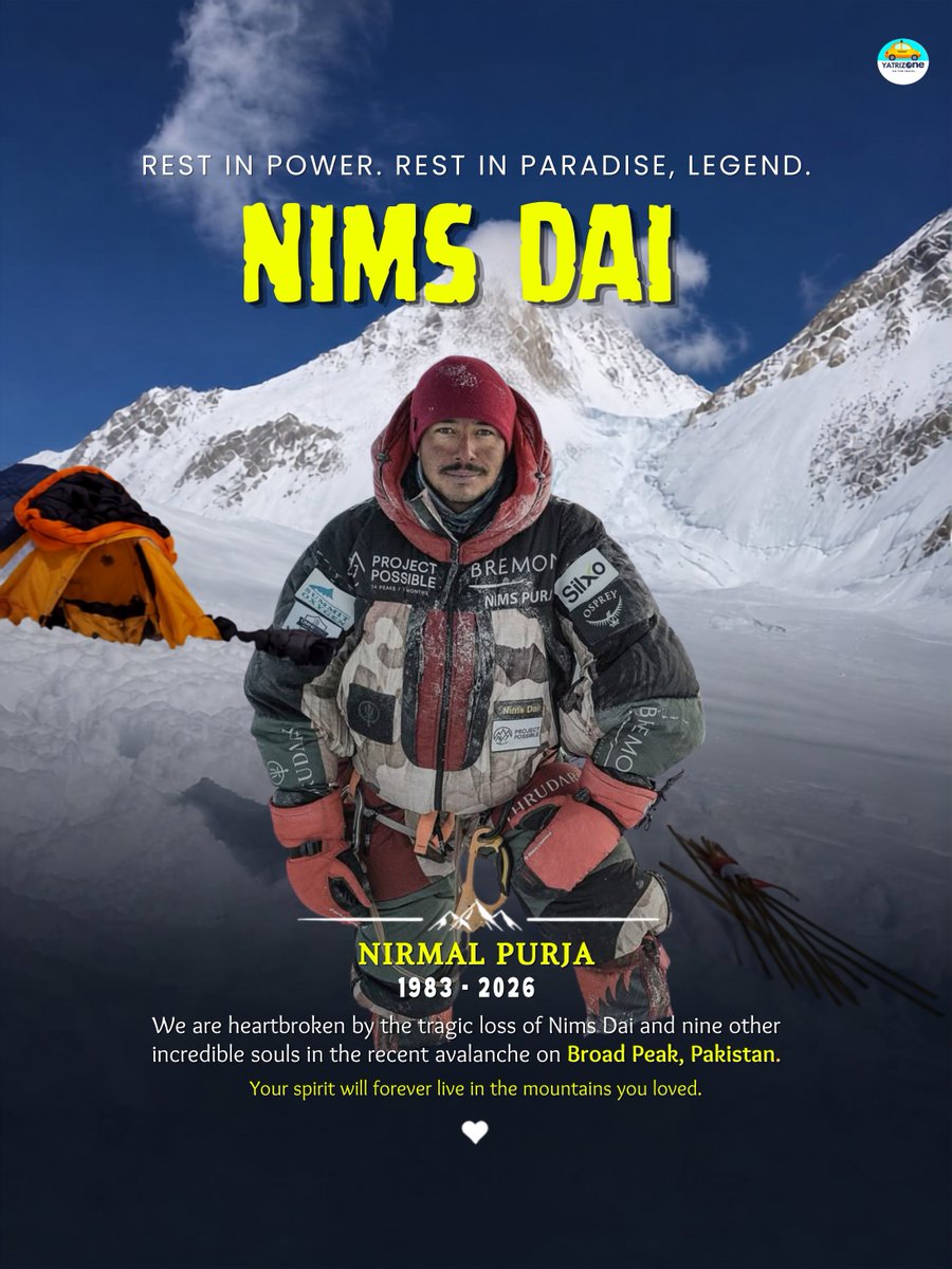 ZoneYatri's tweet photo. A man who proved to the world that "Nothing Is Impossible."

Rest in Power. Rest in Paradise, Legend. 🕊️🏔️

🙏 #prayfornimsdai #broadpeak #mountaineering #NothingIsImpossible #Respect #legendforever #nirmalpurja https://t.co/N7tScrOBkf