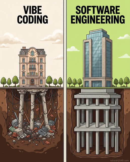 kaidev99's tweet photo. Vibe Coding: "Trust me, it works." 📷
Software Engineering: "Prove it with tests, documentation, architecture, and code reviews." 📷
One builds fast.
The other builds for the next 10 years. 📷
#SoftwareEngineering #VibeCoding #DeveloperLife #FullStackDeveloper #CodeLife https://t.co/0ioYLyse2I