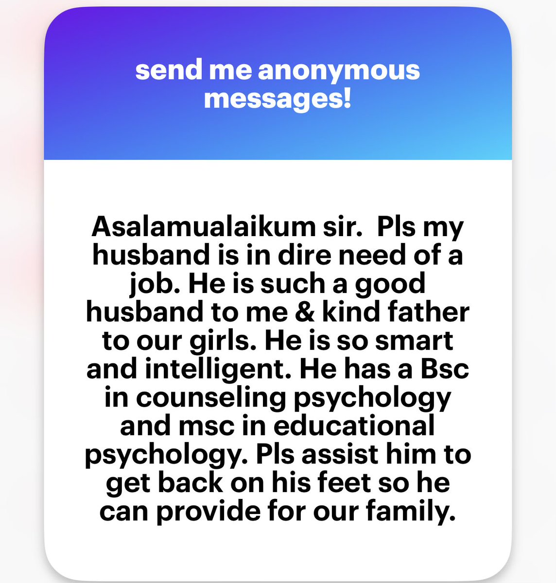 oil_shaeikh's tweet photo. Anyone willing to help this family man? https://t.co/K6ktuSntxx