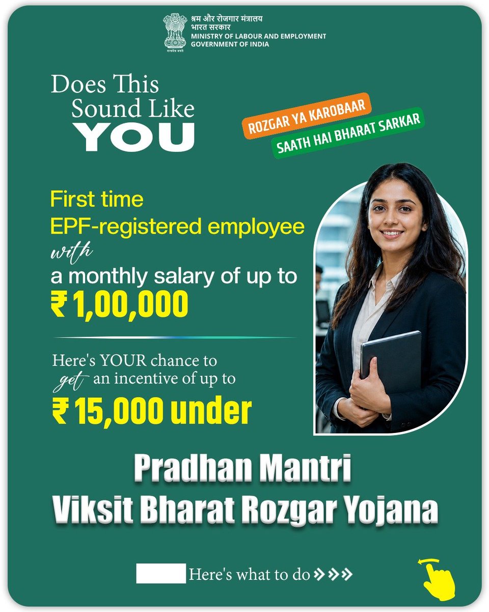 LabourMinistry's tweet photo. Pradhan Mantri Viksit Bharat Rozgar Yojana is driving formal job creation by incentivizing first-time employees and employers for every additional hire.

By promoting formal employment and strengthening social security coverage, the scheme is building a stronger and a future https://t.co/n5SdT4R393