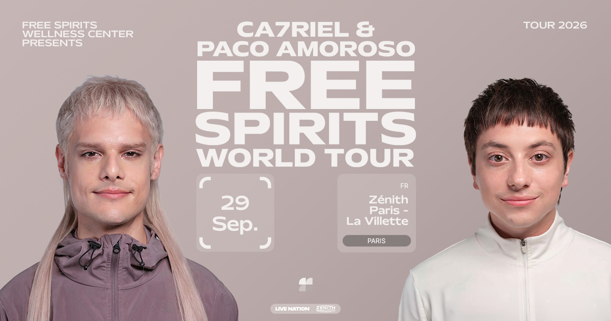 TicketmasterFR's tweet photo. CA7RIEL &amp; Paco Amoroso poursuivront l’élan de la remarquable tournée PAPOTA de l’année dernière, en se lançant dans leur tournée mondiale 2026 pour célébrer la sortie de FREE SPIRITS. Ils seront de passage au Zénith Paris - La Villette le 29 septembre 🎟️ https://t.co/zj6lTaSUqh https://t.co/JvqARJ4Hb8