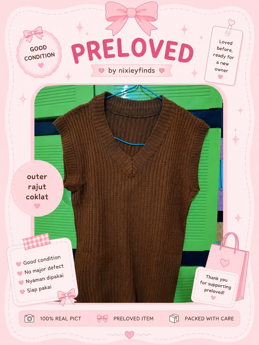 nixieyfinds's tweet photo. 🤎 PRELOVED ALERT! OUTER RAJUT COKLAT 🤎

🌼 Good condition
🌼 No major defect
🌼 100% Real Pict
🌼 Ready to wear

💸 ONLY 20K! 🤩

⚠️ Stok hanya 1! Siapa cepat, dia dapat.

#preloved #prelovedfashion #outerrajut #rajutcoklat #prelovedmurah https://t.co/4qRCTCnHYl