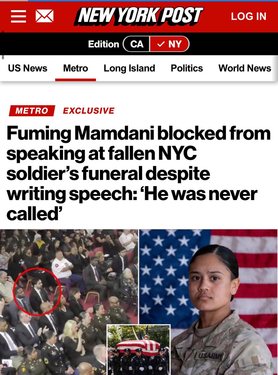 LizaRosen0000's tweet photo. Zohran Mamdani, the Muslim supremacist mayor of New York, invited himself as a Muslim preacher to the funeral of U.S. Army Sgt. Angel Sarah Rampersad, a Queens soldier killed by an Iranian missile strike. He arrived with a pre-written speech, fully expecting to hijack the podium for cheap political theater.

He was never invited to speak. They welcomed everyone but did not let him or anyone else hijack the stage for a political agenda.

The family should not be asked to explain or apologize for “Islamophobia.” Zohran Mamdani is not the victim here, and anyone who says otherwise should remember that they just lost their daughter; the last thing on their minds is playing politics.

It is heartbreaking that a grieving family has to be put in this situation. 

Why can’t he just respect them without using their grief for his own agenda?