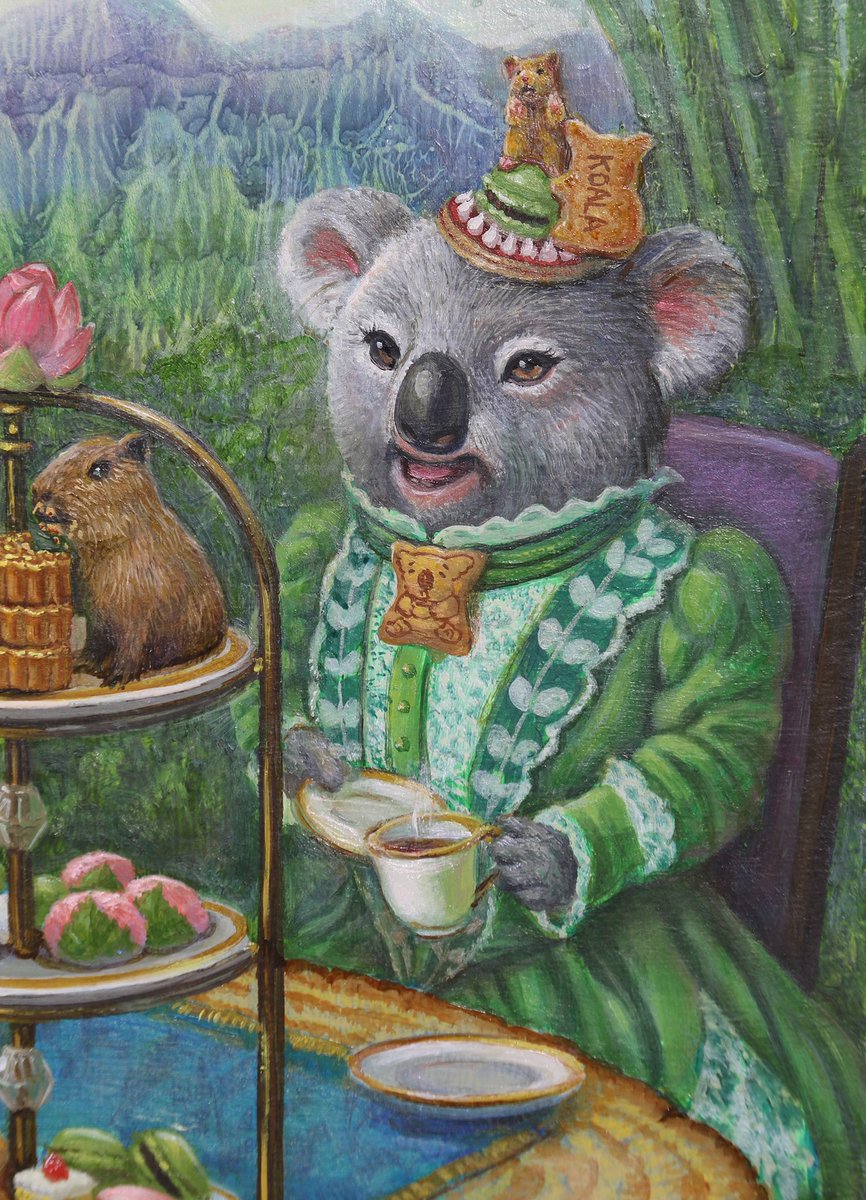 r_swamp83's tweet photo. 「お菓子な茶会談」「The Curious Tea-Summit」
2026 F4 oil, acrylic on hemp paper
🐼🐨🐰
オーダー作品。「中国妃のパンダ、江戸姫のウサギ、貴婦人のコアラによるお茶会」というテーマをいただき、自分なりの世界観で表現しました。

#動物のお茶会 #foodanimal #oilpainting https://t.co/VkiSfBSrab