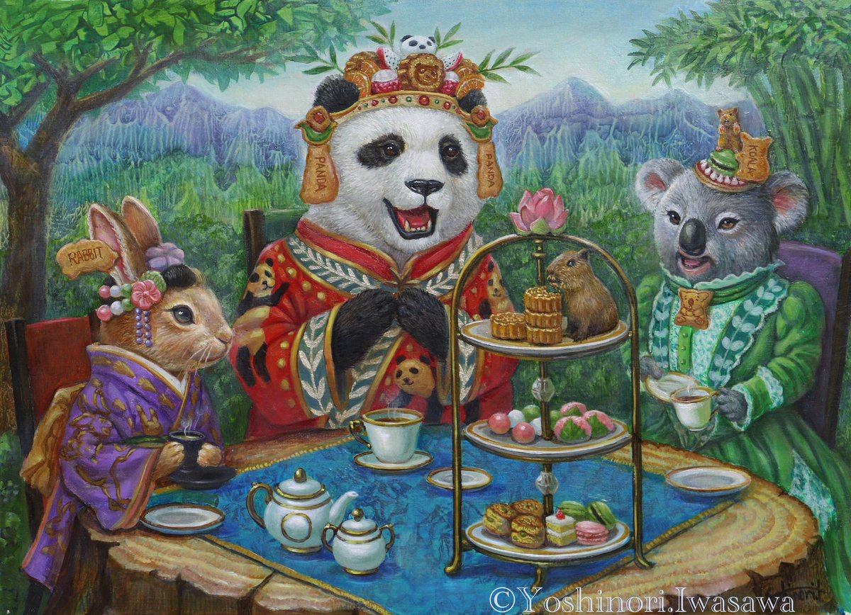 r_swamp83's tweet photo. 「お菓子な茶会談」「The Curious Tea-Summit」
2026 F4 oil, acrylic on hemp paper
🐼🐨🐰
オーダー作品。「中国妃のパンダ、江戸姫のウサギ、貴婦人のコアラによるお茶会」というテーマをいただき、自分なりの世界観で表現しました。

#動物のお茶会 #foodanimal #oilpainting https://t.co/VkiSfBSrab