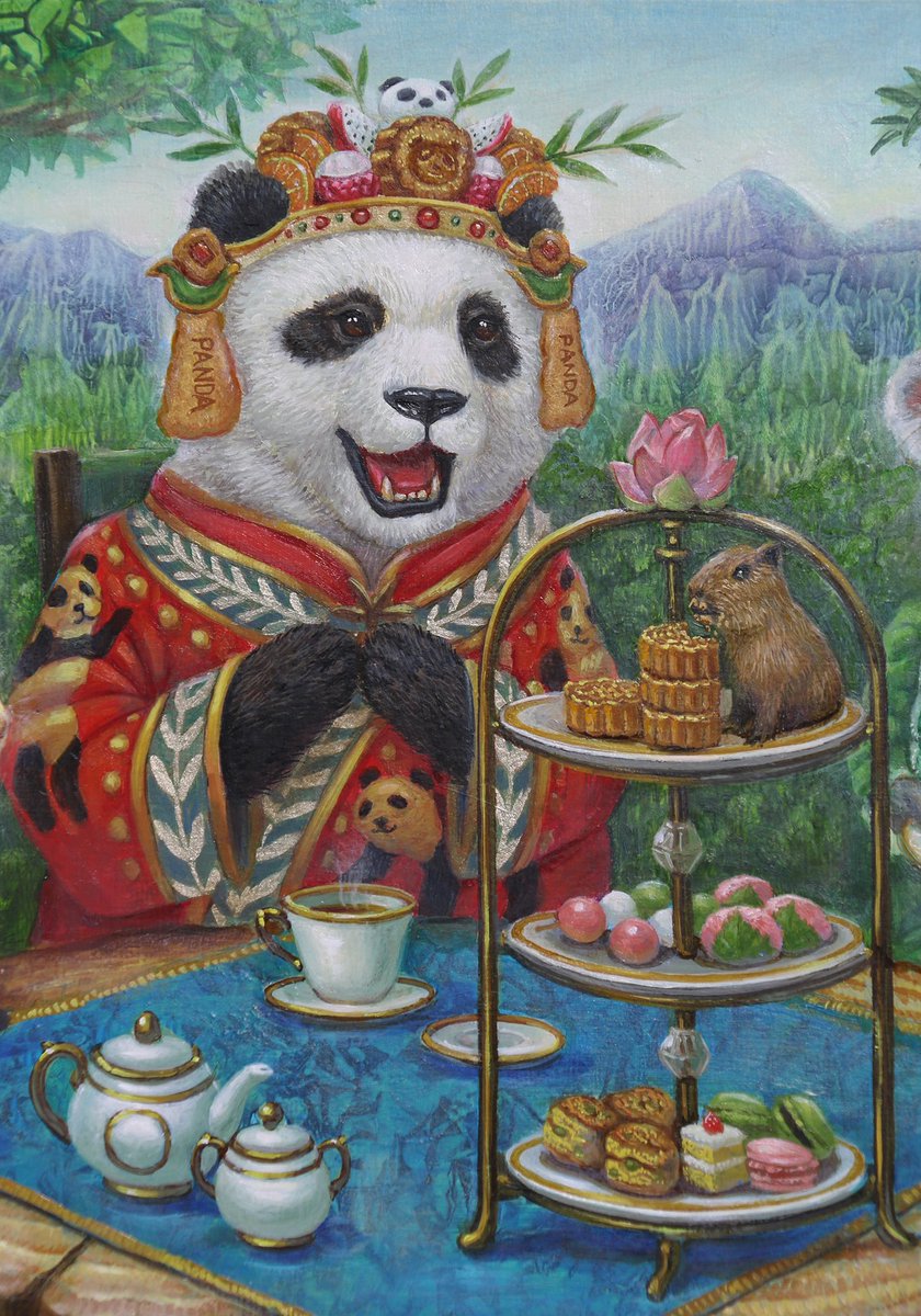 r_swamp83's tweet photo. 「お菓子な茶会談」「The Curious Tea-Summit」
2026 F4 oil, acrylic on hemp paper
🐼🐨🐰
オーダー作品。「中国妃のパンダ、江戸姫のウサギ、貴婦人のコアラによるお茶会」というテーマをいただき、自分なりの世界観で表現しました。

#動物のお茶会 #foodanimal #oilpainting https://t.co/VkiSfBSrab