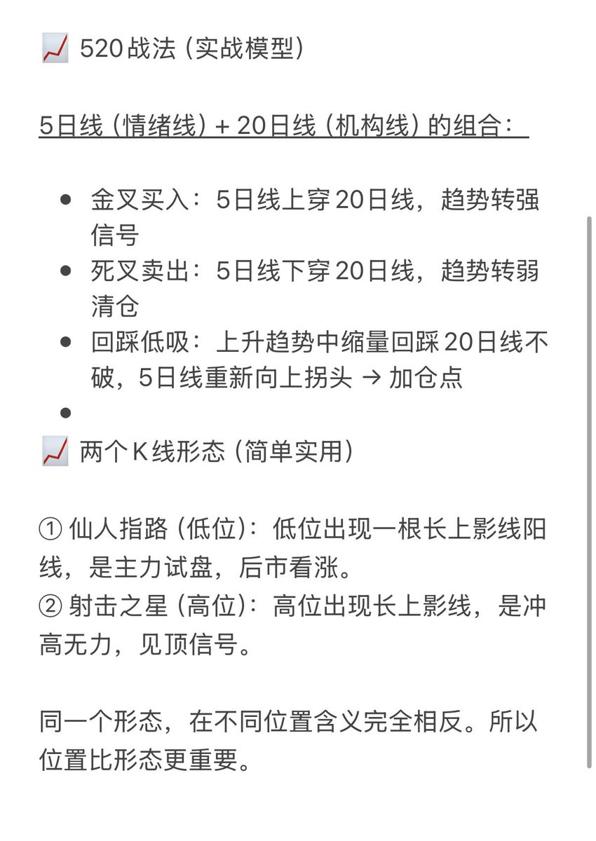 Zj199602's tweet photo. 继续拆Mi姐思维导图第四卷，今天学均线系统和K线形态。

📈 均线系统：四条线看清趋势

5日线 = 短线情绪线。跌破说明短期资金在撤退。

20日线 = 机构生命线。这是Mi姐最看重的均线。放量跌破=机构在跑。

60日线 = 中期分水岭。跌破进入中期调整。

250日线（年线） = 牛熊分界线…… https://t.co/JBhaAwXdMa