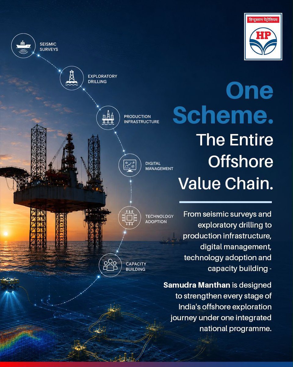 HPCL's tweet photo. A stronger offshore future begins with an integrated approach. 

Samudra Manthan brings every stage of offshore exploration under one national programme, from seismic surveys and exploratory drilling to production infrastructure, digital management, technology adoption and capacity building. 

By strengthening the entire offshore value chain, the initiative is set to accelerate exploration, improve efficiency and enhance India’s long-term energy security.

@HardeepSPuri @PetroleumMin @TheSureshGopi @Secretary_MoPNG @neerajmittalias

#HPCL #SamudraManthan #EnergySecurity #OffshoreExploration #OilAndGas #AtmanirbharBharat #ViksitBharat