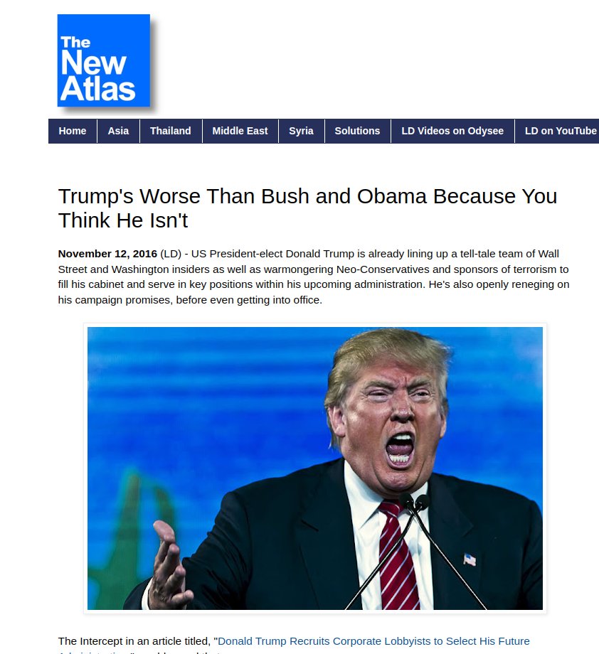 BrianJBerletic's tweet photo. I am often asked, "isn't there a chance Trump had some ideas or good intentions upon taking office?" 

Answer:  No - there is zero chance Trump had any relevant ideas or ambitions of his own coming into office.

Elected officials in the US hold zero power besides rubber stamping policy put in front of them, selling it to the public, and/or creating drama to distract public attention away from policies.

Trump was/is no exception.

This is why I correctly predicted even before his first term in office he was going to be 100% committed to continuity of agenda.

This was a warning back in 2016 before Trump's first term in office: https://t.co/EZ0lZdghlE

I also warned about Obama in 2012 before he started his second term: https://t.co/cl5eZb3DNF

Do people think it is "luck" that I'm always right about this - or are they ready to at least consider Western politics are a layer of orchestrated control rather than one of "self-determination" or a means of "change?"

(Note: before I started  doing videos I wrote under several pen names including "Tony Cartalucci" just in case anyone was wondering why my name isn't on these articles).