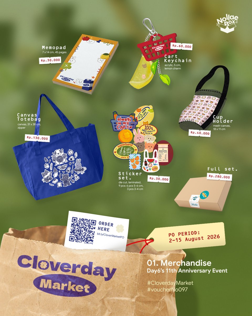 nollaebox's tweet photo. Cloverday Market🍀🛒
2026 DAY6 Anniversary Event
by Nollae Box 
.☘︎ ݁˖ pt.1 – MERCHANDISE

Don’t forget to fill up your daily needs of cute stuff! Go add these cute groceries to your cart🤩

📅 PO Period: 2-15 August 2026
🔗 ⁦https://t.co/ggWGVx5MHT

⁦#CloverdayMarket #voucherNo097