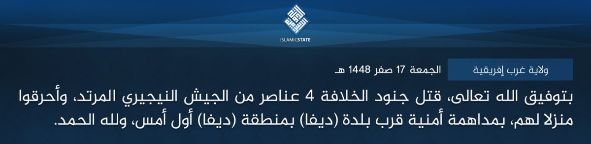 TracTerrorism's tweet photo. Islamic State West Africa (#ISWA/Wilayat Gharb Afriqiyah) N1 Cell Militants Led an Armed Assault on Nigerien Forces, Killing Four, near #Diffa, Diffa Region, #Niger
https://t.co/tRIuh9SSaq https://t.co/DkRJG0gDaM