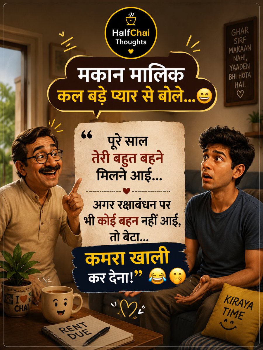 HalfChaiThought's tweet photo. मकान मालिक भी कभी-कभी...
ऐसा सच बोल देते हैं,
कि हँसी भी आती है और सोच भी। 😂🏠

#HalfChaiThoughts #Funny #Comedy #RentLife #HostelLife #BachelorLife #HindiMemes #FunnyQuotes #Relatable #Viral https://t.co/DINeSBNvgJ
