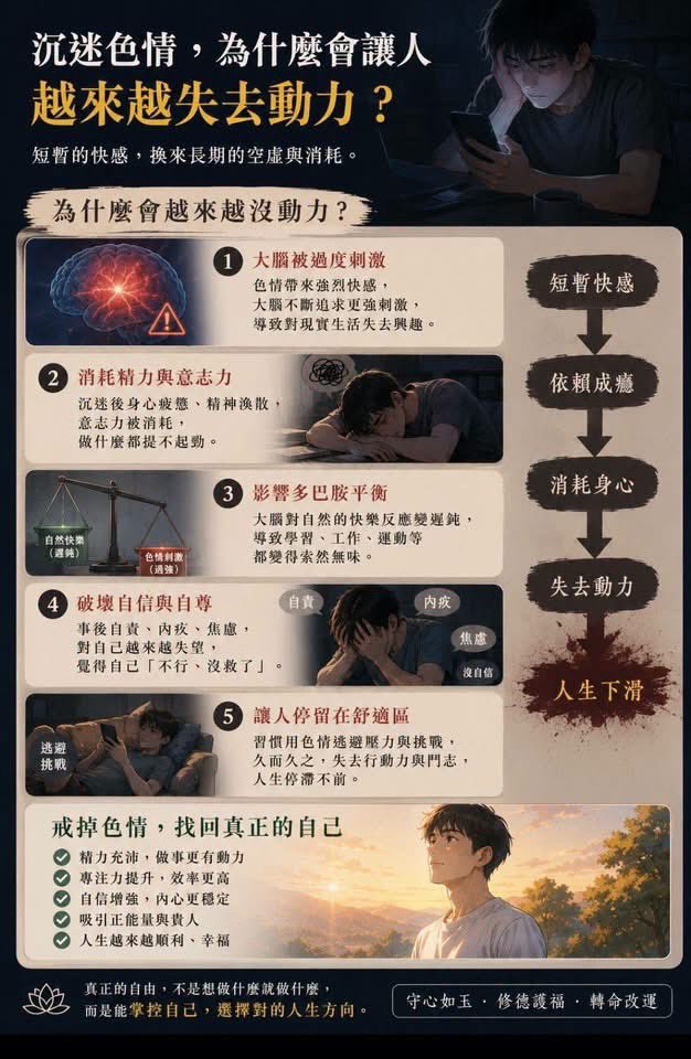 Brian870504's tweet photo. 📘【沉迷色情，為什麼會讓人越來越失去動力？】

很多人以為，色情最大的危害，
不過是浪費一點時間。

但真正可怕的是，它會一點一點偷走
一個人的熱情、專注力和奮鬥心。

剛開始，你只是想放鬆一下；
後來，卻越來越離不開刺激。

✨明明有很多事情要做，卻總是提不起勁；
✨明明知道應該努力，卻越來越懶得行動。
✨不是沒有夢想，而是動力正在被一點一點消耗。

🪴習慣即時滿足，越來越不願意吃苦。

學習需要堅持，事業需要積累，
成功需要時間。

可是，色情帶來的快感，卻來得太快。

當一個人長期沉迷於短暫刺激，面對那些
需要長期付出的事情時，就容易失去耐心。

👉久而久之，只想要輕鬆的快樂，
卻不願意承受成長的辛苦。

🪴專注力下降，內心越來越浮躁。

沉迷色情的人，往往習慣不斷追求新的刺激。

久而久之，看書坐不住，做事靜不下心，
做什麼都只有三分鐘熱度。

很多時候，不是能力不夠，而是心已經亂了。

👉當一個人無法專注，也就很難把
一件事情做到極致。

🪴逃避現實，卻無法改變現實。

🍁孤獨的時候，看色情；
🍁壓力大的時候，看色情；
🍁心情不好的時候，還是看色情。￼

短暫的刺激，也許能讓人暫時忘記煩惱，
但真正的問題，並不會因此消失。

👉最後，現實依舊沒有改變，
內心卻越來越空虛。

🌱真正能夠改變命運的，
從來不是一時的快感，而是長期的自律。

把時間用在運動、學習、閱讀、
提升自己身上，你會發現：

當生活越來越充實，精神越來越飽滿，
那些令人沉迷的東西，自然會慢慢失去吸引力。

✨真正強大的人，不是沒有慾望，
而是不被慾望控制。

🌷願每一位年輕人，都能守住自己的時間、專注力和未來。￼
#敬畏耶和華 #戒色 #遠離邪淫 #掌控慾望