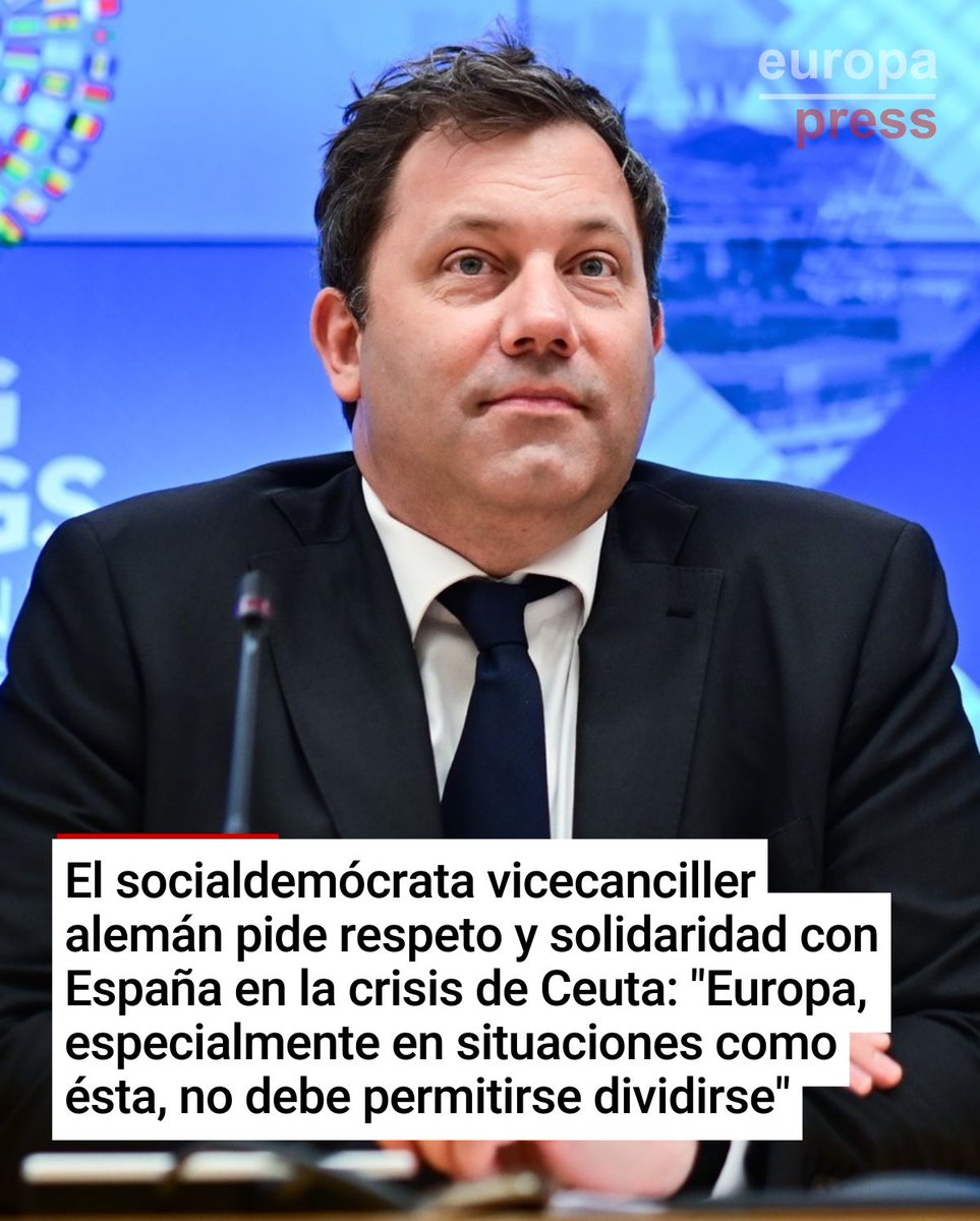 europapress's tweet photo. 🇪🇸🇩🇪 El socialdemócrata vicecanciller alemán pide respeto y solidaridad con España en la crisis de Ceuta: "Europa, especialmente en situaciones como ésta, no debe permitirse dividirse" https://t.co/PXSnUYaY2h https://t.co/SkyDiYro5j