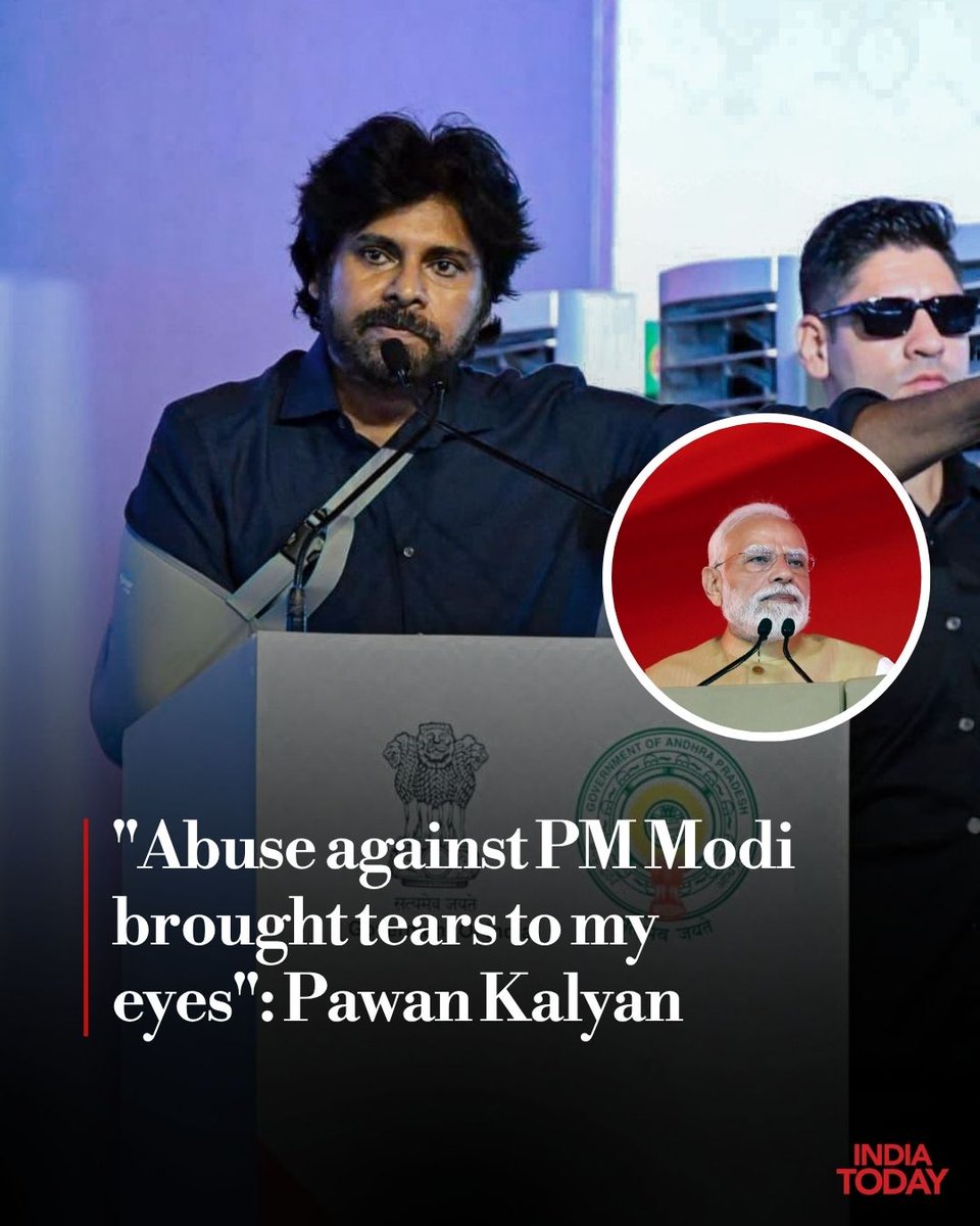 IndiaToday's tweet photo. Andhra Pradesh Deputy Chief Minister Pawan Kalyan said he was deeply hurt by the abusive remarks directed at Prime Minister Narendra Modi during the Jantar Mantar protest. Speaking during the inauguration of the Bhogapuram International Airport in Andhra Pradesh, Kalyan urged people to maintain respect for leaders despite political differences and appealed to parents to instil values, discipline, and responsibility in the younger generation.

#PawanKalyan #JantarMantar #PMModi #Politics #IndiaTodaySocial