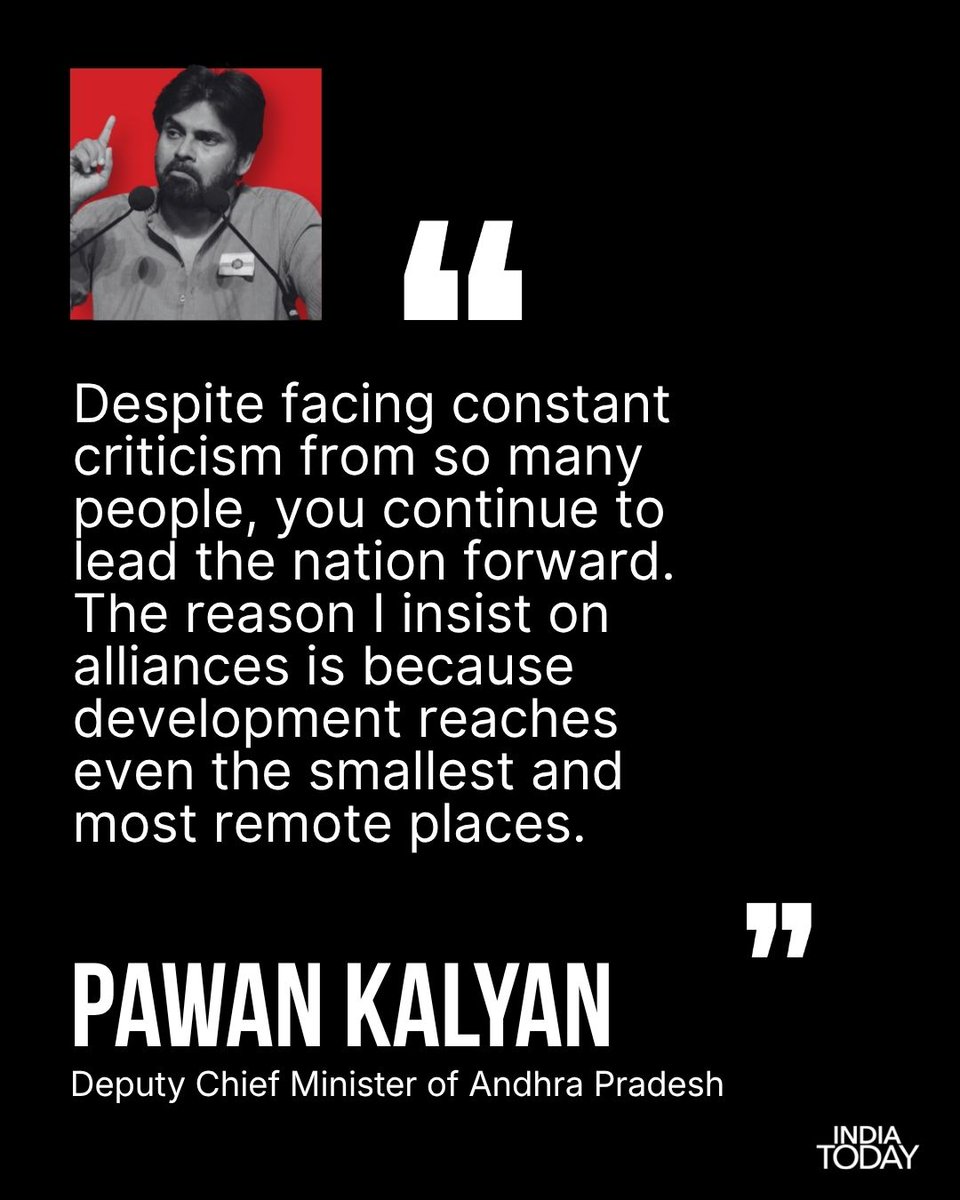 IndiaToday's tweet photo. Andhra Pradesh Deputy Chief Minister Pawan Kalyan said he was deeply hurt by the abusive remarks directed at Prime Minister Narendra Modi during the Jantar Mantar protest. Speaking during the inauguration of the Bhogapuram International Airport in Andhra Pradesh, Kalyan urged people to maintain respect for leaders despite political differences and appealed to parents to instil values, discipline, and responsibility in the younger generation.

#PawanKalyan #JantarMantar #PMModi #Politics #IndiaTodaySocial
