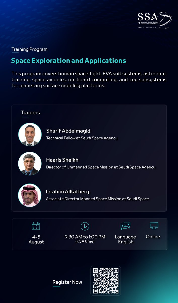 saudispace's tweet photo. The #Space_Academy, affiliated with the #Saudi_Space_Agency, invites you to attend the “Space Exploration and Applications” training program to explore human spaceflight, astronaut training, space avionics, on-board computing, and planetary surface mobility systems.
Register now:
 https://t.co/O3rYEo43us