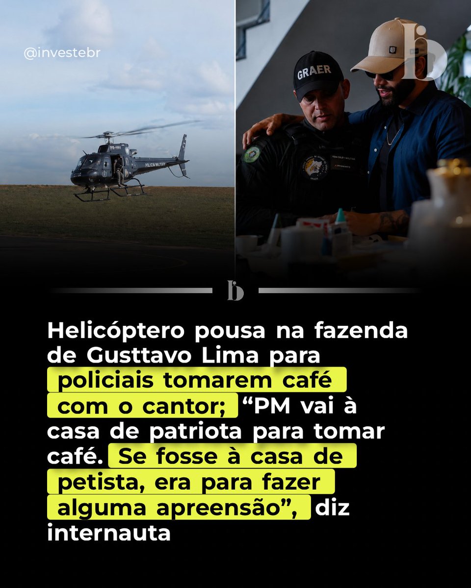 investebr's tweet photo. 🚁 PMs visitaram Gusttavo Lima em sua fazenda de helicóptero, com o cantor os recebendo de trator. A PMGO esclareceu que a visita foi para convidar o artista a ser paraninfo de curso e divulgar ação beneficente, gerando repercussão e debates nas redes sociais. https://t.co/917lZqhk4D