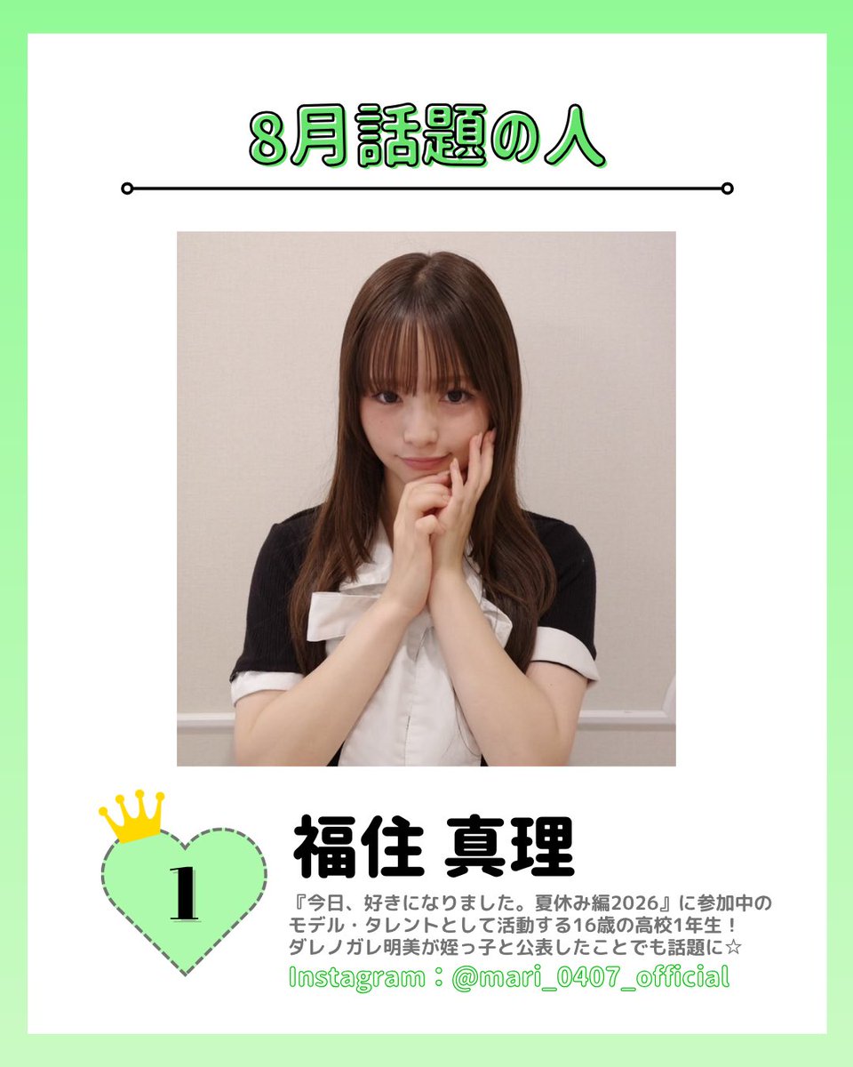 SHIBUYA109NET's tweet photo. \ 気になったらいいねしてね👍🏻 /
【109編集部が選ぶ♡8月トレンド速報💚︎︎⟡꙳】

今月流行る話題の人をまとめたよ🎶⟡.·

今後の活躍に目が離せない.ᐟ.ᐟ
SNSで話題の人やアイドルがランクイン⭐️𖥔 ݁

みんなの推しや気になる人はいた？🫧🎀
リプでぜひ教えてね💭ೀ

※画像の無断転載はご遠慮ください

#福住真理 #難波碧空 #MASHIRO #松瀬太虹 #中村敬斗 #UTA
