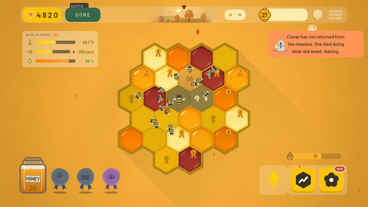 Studio42Apps's tweet photo. A playtester told me she reloaded her save because a bee named Doris didn't come back from foraging. There's a little obituary when that happens. I've been making this game for two years and that message is the proudest I've ever been of it.