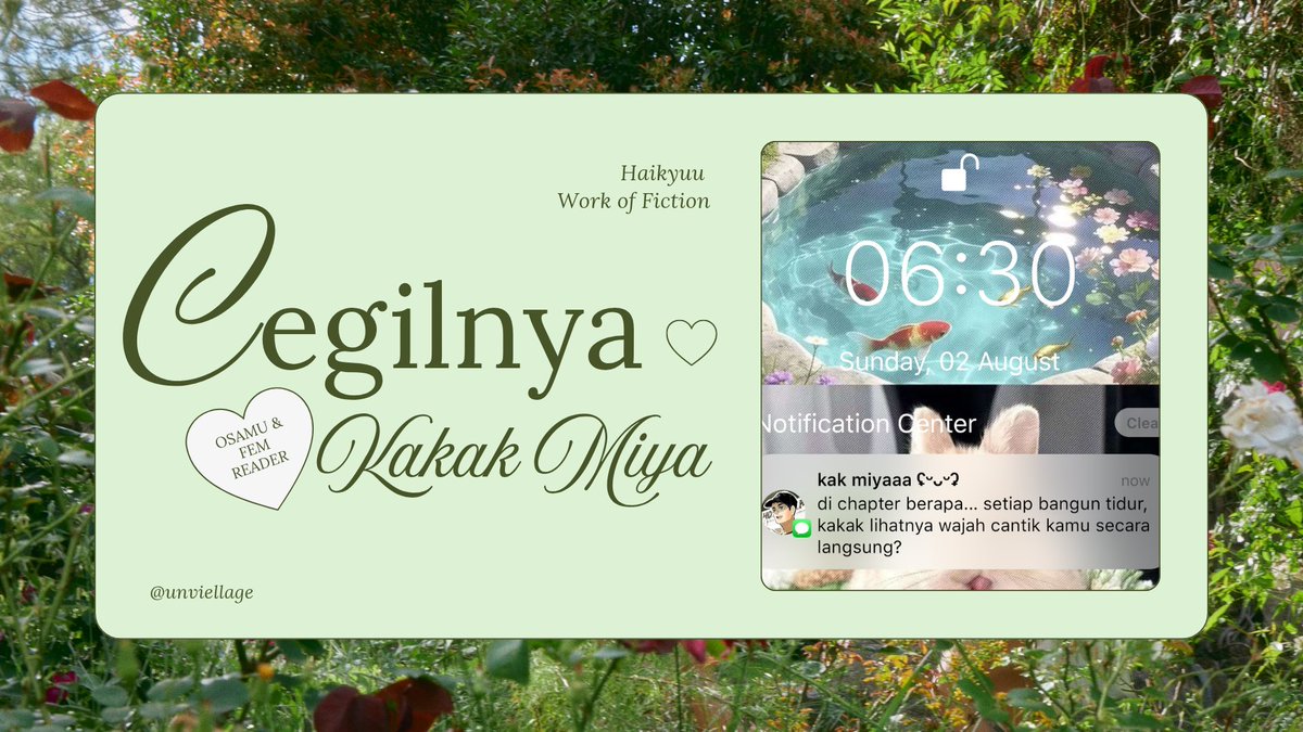 unviellage's tweet photo. A #Haikyuu Work of Fiction. 🏐

Osamu Miya (29) &amp; Female Reader (25)!

“𝘾𝙚𝙜𝙞𝙡𝙣𝙮𝙖 𝙆𝙖𝙠𝙖𝙠 𝙈𝙞𝙮𝙖” Chapter 6!
ㅡ
The first date ended with laughter, a little bit of flirting from Osamu first, and a nickname you never expected. 

“Cake Girl.” 🍰 https://t.co/UX1STxXeKl