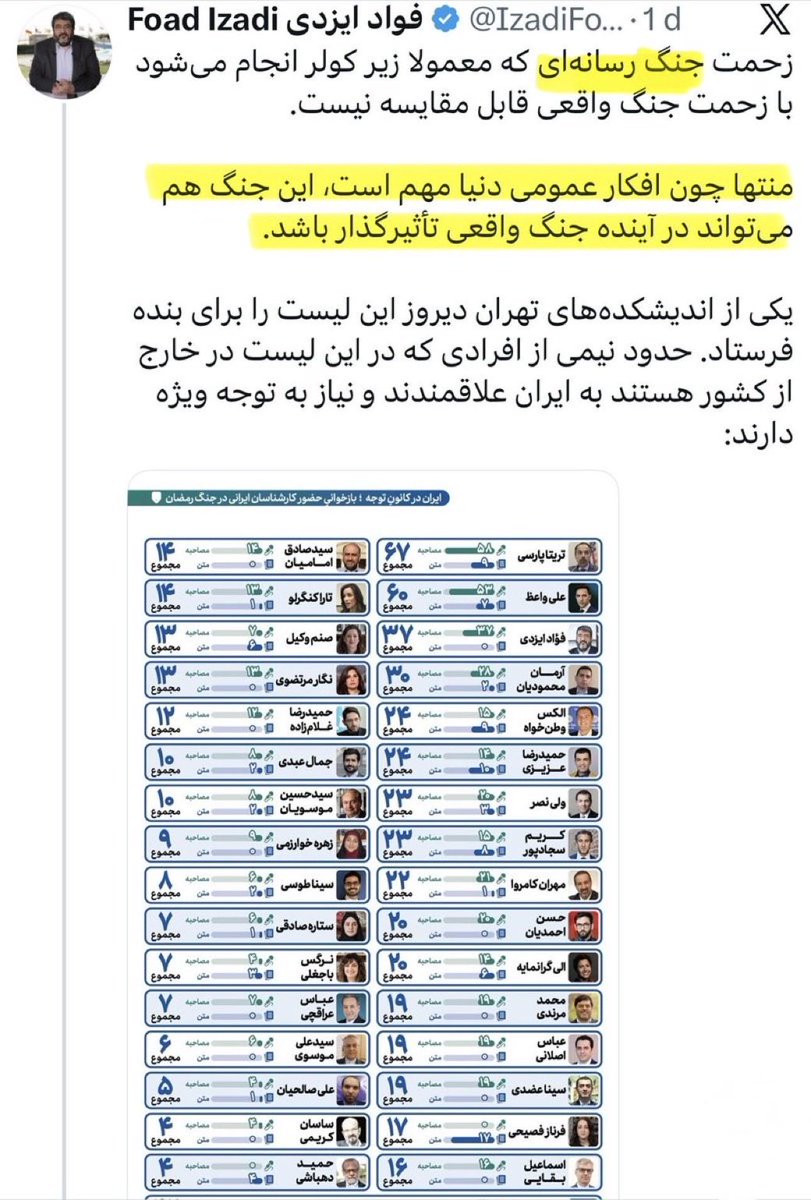 Ebne_noah's tweet photo. 🟡لطفا بخوانید:

-اتفاقی که در صدای امریکا رخ داده، دقیقا همانی است که جمهوری اسلامی در پی تدارک آن میباشد و نامش #جنگ_رسانه ایست!
جنگی مهم که قوی تر از حضور یک ارتش مستحکم میباشد و نیاز امروز انقلاب است که در لیست سران رژیم شاهد حضور نام افرادی کاربلد در این مهم هستیم!

چندی پیش نامه ای سرگشاده نوشتم خدمت #شاهزاده_رضا_پهلوی که مورد استقبال بسیار از شما کاربران گرامی قرار گرفت و پیام های متعدد داده شد.
حال با گزارش های نیویورکر مبنی بر سانسور جریان پادشاهی خواهی، تعیین تیم و گروه های ضد جریان پهلویسم و ایجاد دیکتاتوری در رسانه ای امریکایی با ایجاد دشمنی صدای امریکا @VOAfarsi بر علیه ی ملت ایران و طیف بزرگ و منتخب مردم ایران(پادشاهی پهلوی) مشخص شده که ما امروز بیش از هر روز دیگر نیاز به تشکیل یک تیم سوشال مدیا و رسانه ای ملی داریم که تحت نظر شخص شاهزاده و یا منتخب ایشان عمل کند.

🟢عرضم را‌ کوتاه میکنم و بار دیگر اما مصمم تر پیشنهاد قبلی را ارایه میدهیم و امیدواریم با حضور افرادی مطمئن و معتبر با پیشینه ای سالم و بدون خدشه، شاهد حضور تیم سوشال مدیایی باشیم که نه در مقام انفعال، بلکه توانایی بدست گیری فضای مجازی و ایجاد چالش و بیان حقیقتی را داشته باشد تا مبادا شاهد سانسور فریاد #پهلویسم خواهی مردم ایران چه در داخل و چه در خارج کشور در این برهه ی بسیار بسیار حساس نباشیم.

لطفا بار دیگر متن مهم زیر را بخوانید.
ارادتمند ایران جلال جنتی
#پسرعاقل_نوح