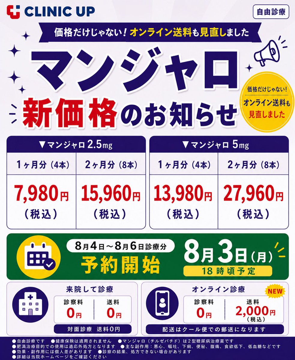 CLINICUP1201's tweet photo. 📢【マンジャロ 新価格のお知らせ】

先日ご案内した価格を見直し、
8月4日からマンジャロを以下の価格で再開いたします✨

(ホームぺージへの反映は8月3日18時頃を予定しております)
━━━━━━━━━━━━━━━━

✅マンジャロ2.5mg：新価格（税込）

《オンライン診療》
◆総額（送料2,000円含む）
1ヶ月分（4本）：9,980円
2ヶ月分（8本）：17,960円

《来院して診療》
1ヶ月分（4本）：7,980円
2ヶ月分（8本）：15,960円

━━━━━━━━━━━━━━━━

✅マンジャロ5mg：新価格（税込）

《オンライン診療》
◆総額（送料2,000円含む）
1ヶ月分（4本）：15,980円
2ヶ月分（8本）：29,960円

《来院して診療》
1ヶ月分（4本）：13,980円
2ヶ月分（8本）：27,960円

━━━━━━━━━━━━━━━━

✅送料：新価格（税込）
　
　2,000円
（クール便での配送になります）

━━━━━━━━━━━━━━━━
【注意事項】
⚠️価格は全て税込価格です
⚠️上記の金額以外に、追加料金はありません
⚠️料金はその都度1回ずつお支払いいただいております。
⚠️定期プラン・サブスク・キャンペーンではありません。
⚠️処方には毎回医師の診察が必須です
━━━━━━━━━━━━━━━━
【マンジャロの品質管理について】
📦 国内正規医薬品卸（一次卸）を通じて仕入れた国内正規品のみを取り扱っています。
❄️ 納品後は2〜8℃で冷蔵保管し、適切な温度管理を徹底しています。
🚚 オンライン診療の場合は、すべてクール便（冷蔵）で発送しています。
🏥 来院して診療の場合は、お渡し直前まで冷蔵庫で保管しています。
📦 マンジャロは箱ごとお届けしていますので、使用期限・ロット番号をご自身でもご確認いただけます。
━━━━━━━━━━━━━━━━
【予約開始】
8月4日～8月6日診療分のご予約は、
8月3日(月)18時頃より受付開始予定です。
━━━━━━━━━━━━━━━━
【自由診療：マンジャロ2.5mg/5mg】
※医師の診察後に処方いたします。※国内正規医薬品卸を通じて仕入れ、2〜8℃で温度管理を徹底しています。※副作用：悪心、嘔吐、下痢、便秘、腹痛、食欲低下、低血糖など。※マンジャロ（チルゼパチド）は2型糖尿病治療薬として承認されています。肥満治療目的での使用は国内未承認です。※自由診療のため公的医療保険は適用されません。※医薬品副作用被害救済制度の対象外となる場合があります。

#CLINICUP #マンジャロ #GLP1 #自由診療